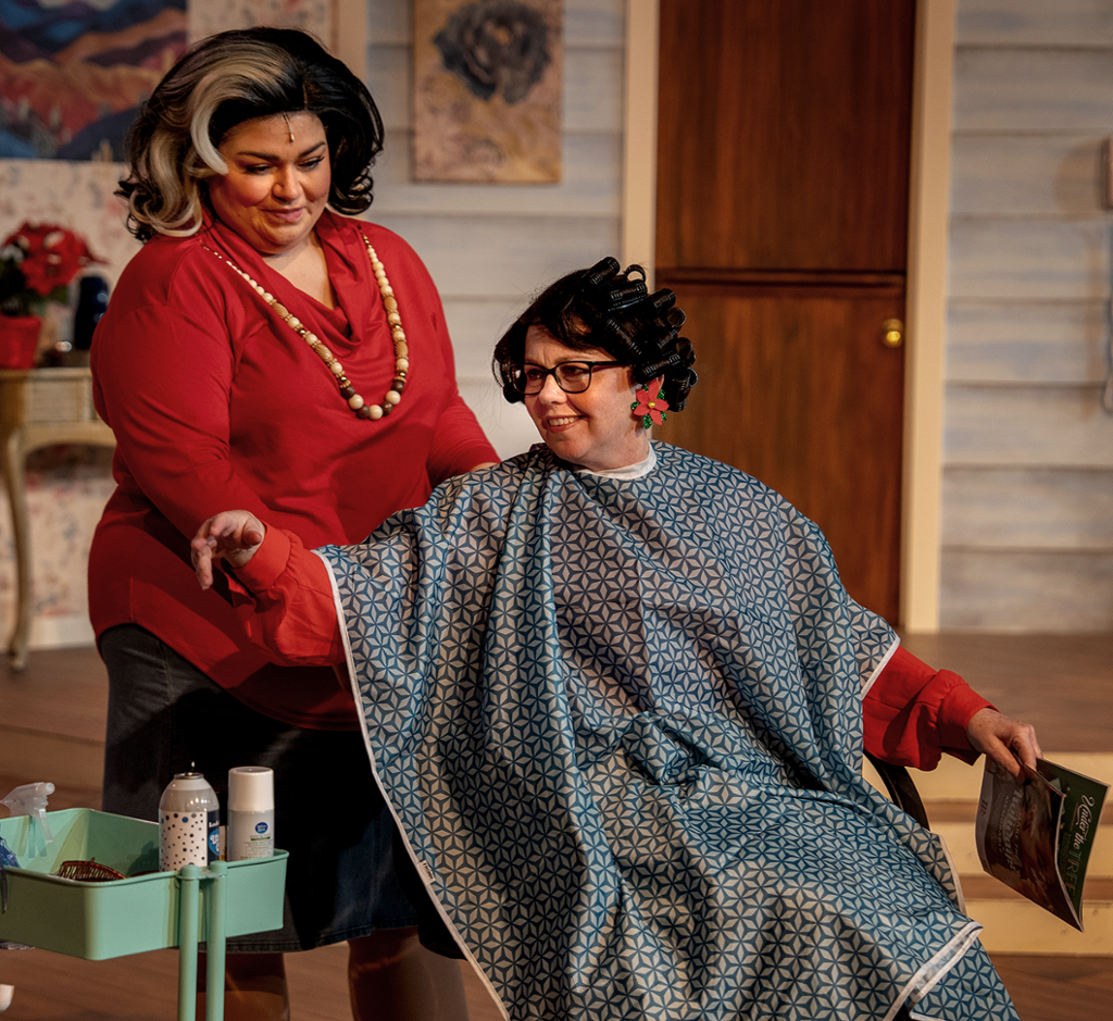 Two actresses in beauty salon in dramatic scene