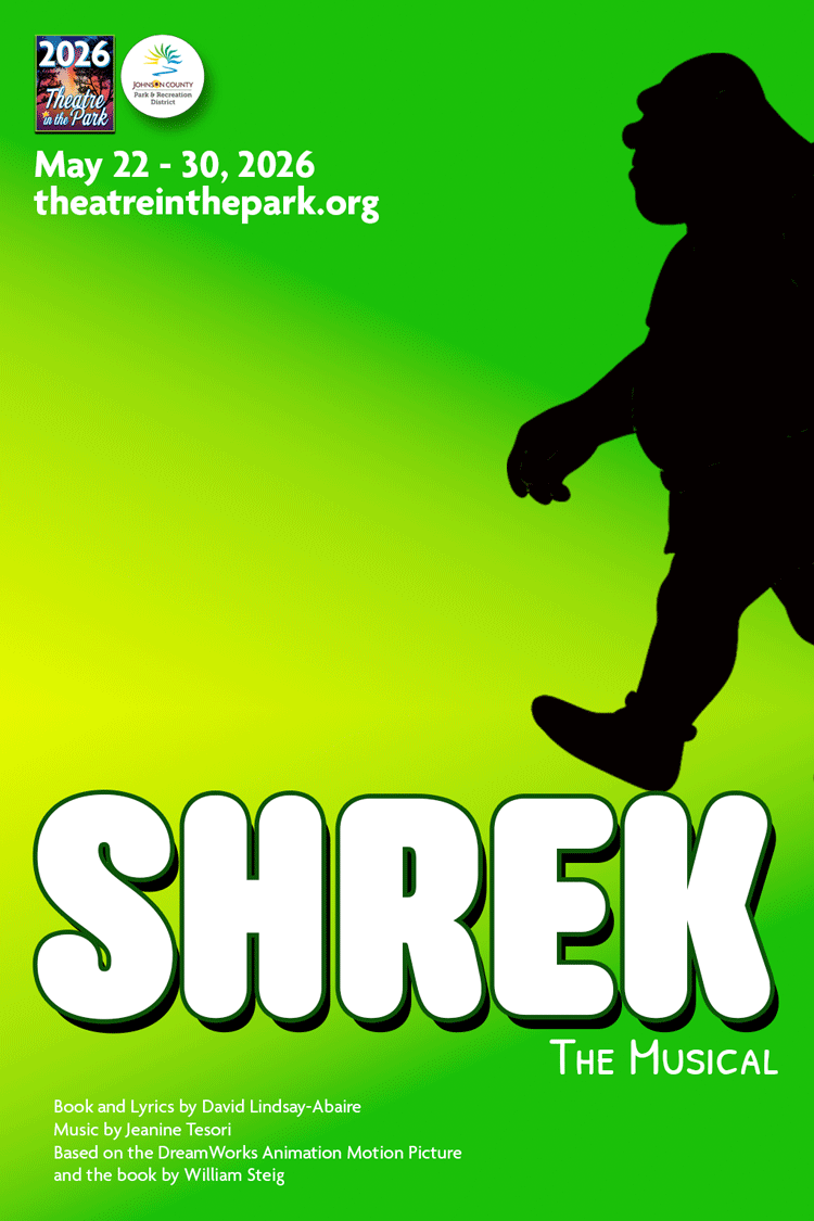 Shrek the musical show poster with an Ogre walking across the image indicating the show is Outdoor May 22 to May 30, 2026