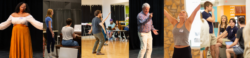 Collage of photos from auditions including singing, dancing, and waiting room.