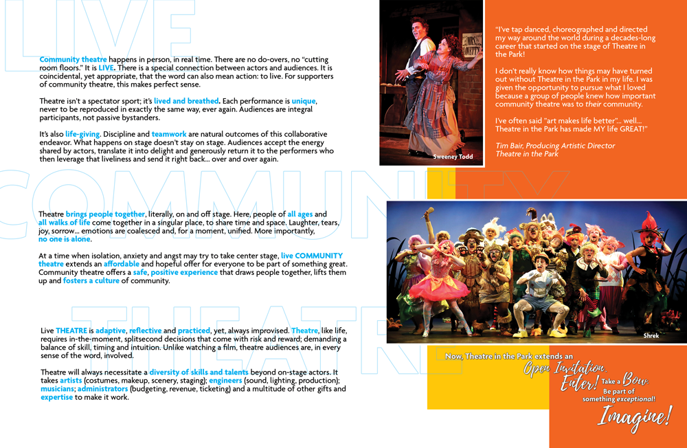 Images of Sweeny Todd and Shrek musicals with an invitation to join the effort to build something exceptional