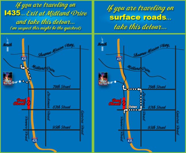 Renner road was closed south of the Shawnee Mission Park entrance to 87th street for the duration of our 2014 season. To give patrons options for getting to TTIP, we posted this map on our website for easy reference.